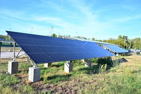 Solar Panel Array Installed in Open Outdoor Area Stock Photos