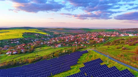 Solar panel array near a rural village, Bulgaria Stock-Footage 337204765