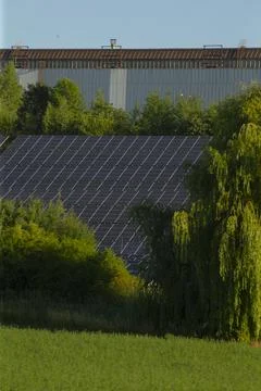 Solar panel array nestled in green landscape near industrial building Fotos de archivo
