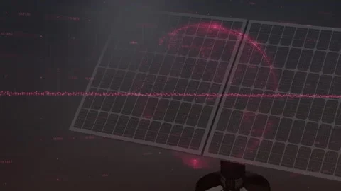 Solar panel array occupying frame, dotted waveform pulsing, initiating pink arc Stock Footage 331873001