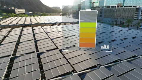 Solar panel array over parking garage in USA. Aerial with animation of Stock Footage 276340114