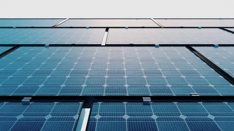 Solar Panel Array Perspective Loop with Reflective Surface and Blue Sky, Clean Stock Footage 336556941