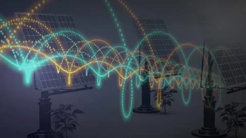 Solar panel array receiving particle cloud and showing teal gold waveforms Stock Footage 333963251