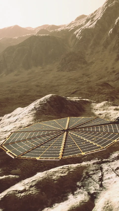 Solar panel array on a rocky landscape in a distant location during daylight Stock Footage 334186894