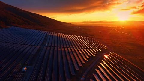 Solar panel array rows under intense golden sunset sun Stock Footage 330071367