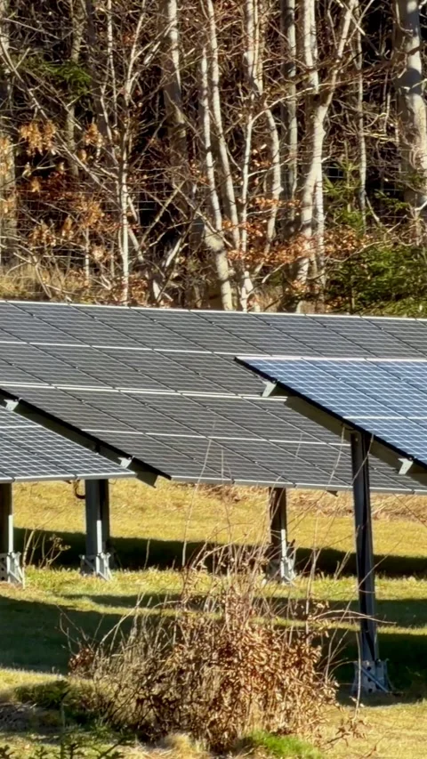 A solar panel array stands in a sunny field, demonstrating renewable energy Vídeo Stock 345823005
