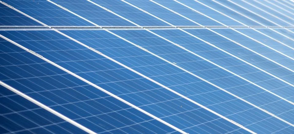 Solar panel background with blue perspective lines. Solar electric system wit Stock Photos