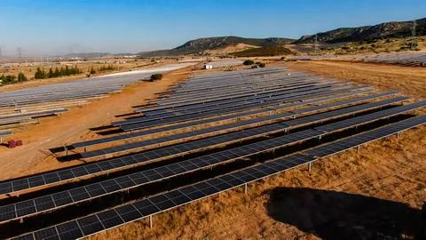Solar panel bank in the process of producing efficient and renewable energy Stock Photos