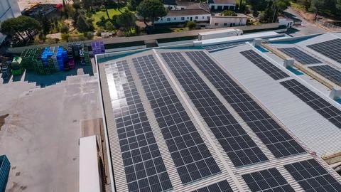 Solar panel bank in the process of producing efficient and renewable energy Stock Photos