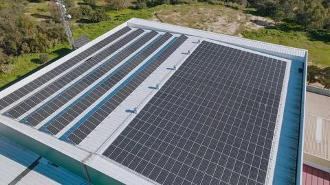 Solar panel bank in the process of producing efficient and renewable energy Stock Photos
