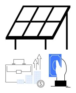 Solar panel, briefcase, money stack with upward arrows, hand holding money gu Stock Illustration