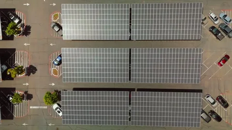 Solar Panel Canopy Rows, Drone Flies Above Parking Lot, Arroyo Grande Stock-Footage 336984987