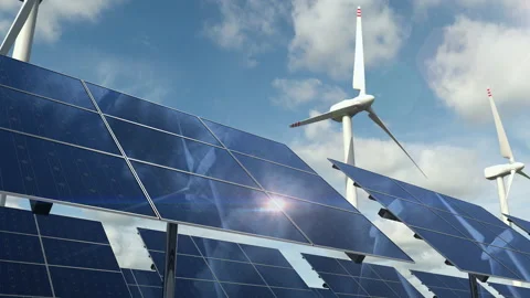 Solar panel cells and rotating wind turbines on the green energy farm Stock Footage 143893711
