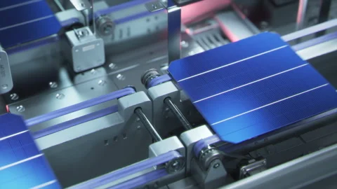 Solar Panel Cells on Conveyor Line are being Welded. Solar Panel Production Stock Footage 241220577