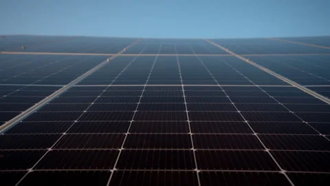 Solar panel cells on the green energy farm. Power generators produce electricity Stock Footage 308900949