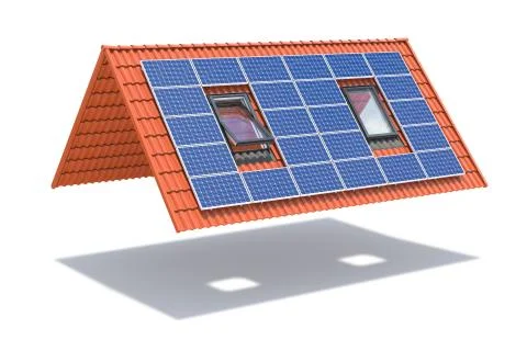 Solar panel on ceramic tile roof with windows isolated on white. Illustration