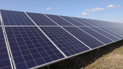 Solar panel close-up, solar energy production farm. Renewable Sun Energy Видео 116390995