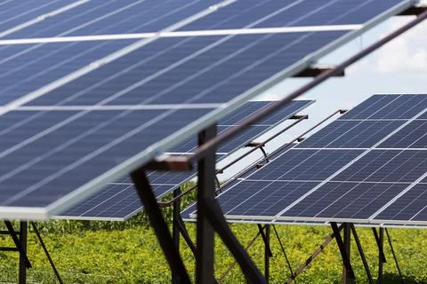 Solar panel construction close-up. Clean energy concept Stock Photos