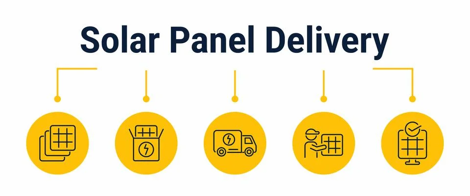 Solar panel delivery and installation preparation workflow icons Stock Illustration