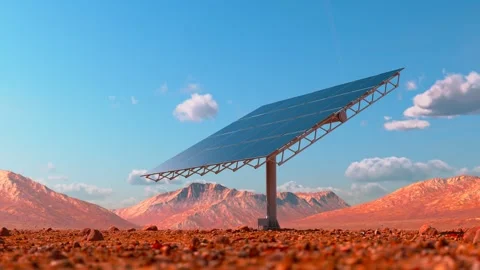Solar panel in desert terrain with single post tracking system Stock Footage 288980085