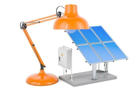 Solar panel with desk lamp, 3D rendering Stock Illustration