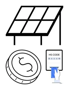 Solar panel, dollar coin, and hand inserting card into HS code screen. Ideal  Illustrazione stock