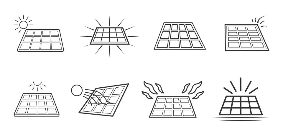 Solar Panel Efficiency Icons with Heat Wind and Sun Ray Effects Stock Illustration