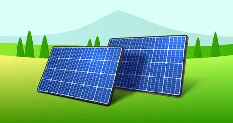 Solar panel electricity generation, nature ecology, green energy. vector Stock Illustration