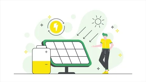 Solar panel energy generation with a battery storage system and a person Vídeo Stock 283612314