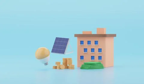 Solar Panel with energy saving bulb lamp 3d render illustration Renewable energy Stock Illustration