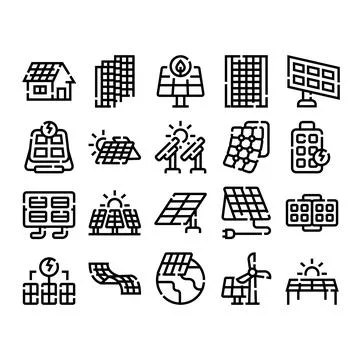 Solar panel energy system and renewable power icons set Ilustración de archivo