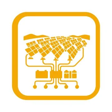 Solar panel farm array icon with yellow circuit lines for renewable energy us Stock Illustration