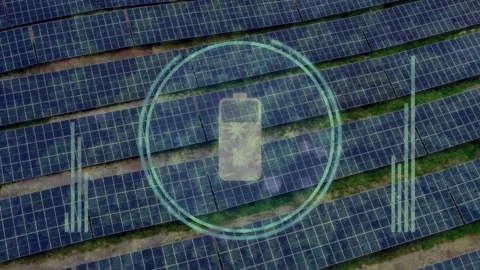 Solar Panel Farm With Digital Battery Charging Overlay Stock Footage 336479396