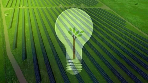 Solar Panel Farm with Glowing Green Tree Symbol Stock Footage 336013661