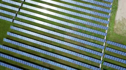 Solar Panel Farm Grid Electric Power Green Energy Plant with Drone Stock Footage 295508509
