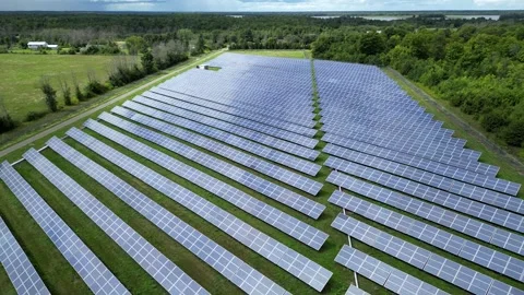 Solar Panel Farm Grid Electric Power Green Energy Plant with Drone Stock Footage 295508566