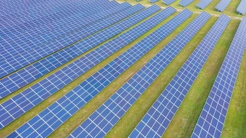 Solar panel farm seen from above, filmed by drone Stock Footage 116779422