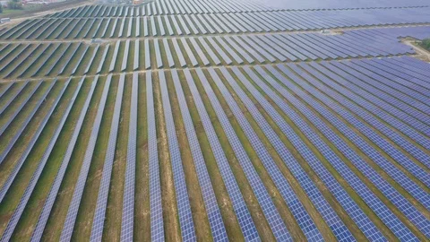 Solar panel farm seen from above, filmed by drone Видео 116779740