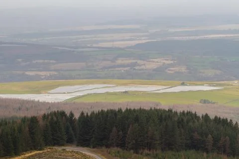 Solar panel farm in View over Welsh countryside with, the Vale of Neath Stock Photos