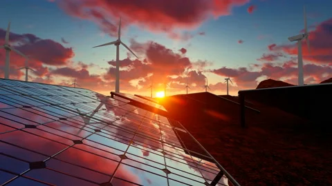 Solar panel field with red sunset Stock Footage 235997762