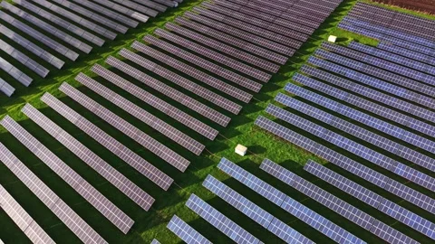 Solar panel field viewed from aerial perspective during bright day Stock Footage 325090292