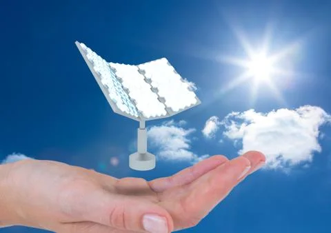Solar panel floating on hand in the sky Foto stock