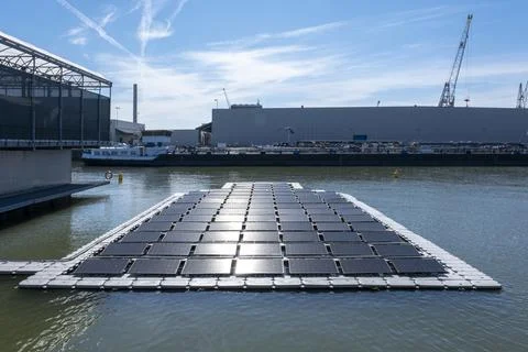 Solar panel Floating in a harbour. Used to produce electricity Stock Photos