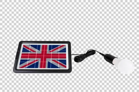Solar panel in form of Union Jack connected to a light bulb Stock Illustration