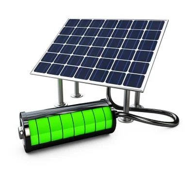 Solar panel with full battery, isolated on white background 3d illustration. Stock Illustration