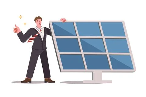 Solar panel for generating electricity from renewable sources, near man showing Stock Illustration