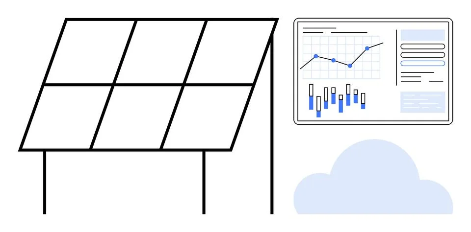 Solar panel generating energy with data analytics dashboard displaying graphs Stock Illustration