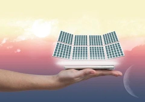 Solar panel on hand with night and day background Stock Photos