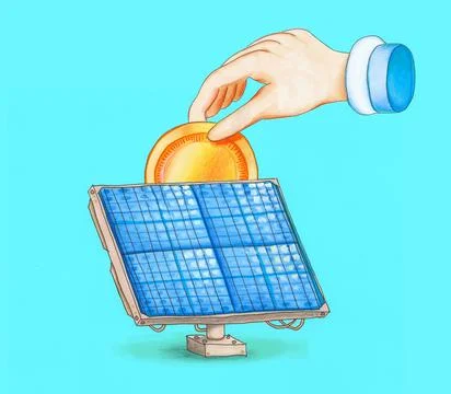 Solar panel with hand putting a coin Stock Illustration