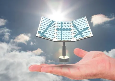 Solar panel on hand in the sky Stock Photos